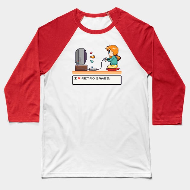 I Love Retro Games Pixel Art Illustration Baseball T-Shirt by MariOyama